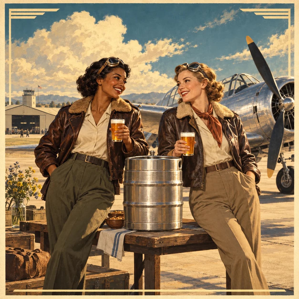 Vintage-style illustration of two women aviators sharing a beer beside a keg and a parked WWII-era propeller airplane.